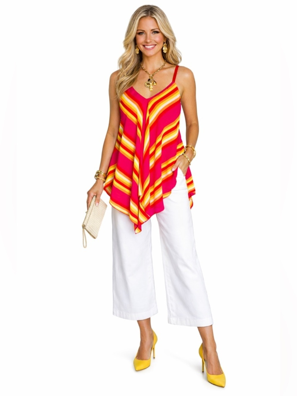 Unique Spectrum SZ S hot pink, yellow, orange, red & white, handkerchief top